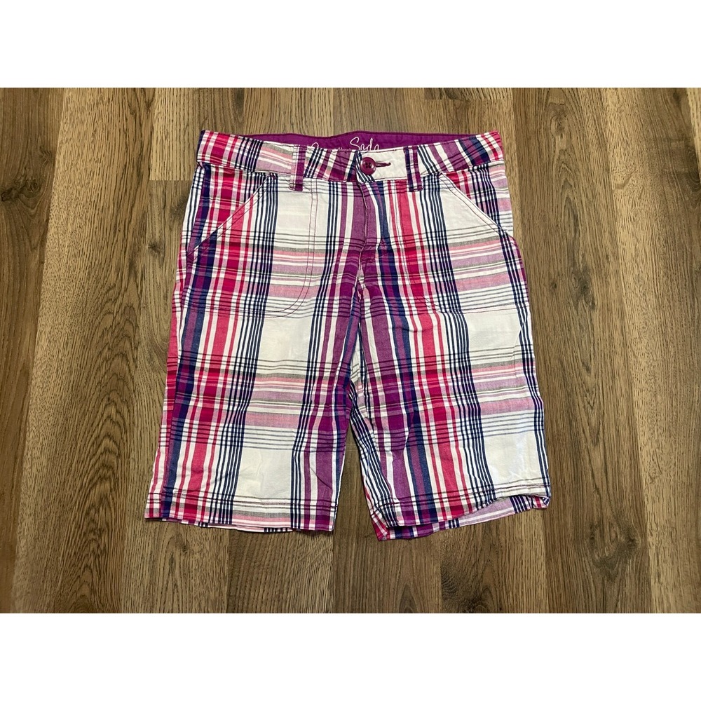 Green Soda Shorts, Girl's Size 10, Pink Purple, Plaid Striped, Flat Front